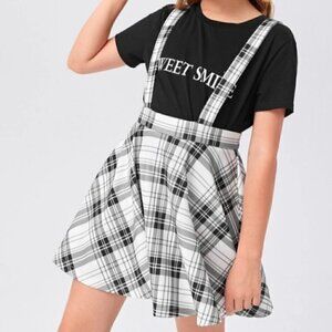 Girls Tartan Black and White Suspender Skirt